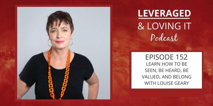 Leveraged and Loving It Episode 152 Louise Geary. A woman with short hair wears a black top and a long orange necklace. She has a powerful stance and is looking at the camera.