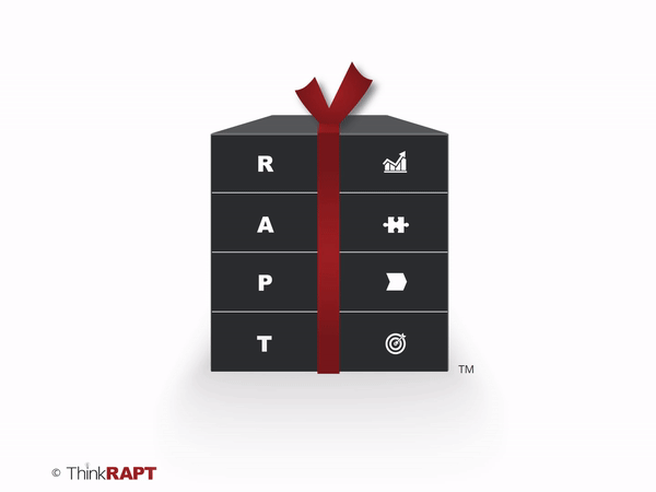 An animated gif of a box that spells out RAPT, and which show that it stands for Results, Answers, Process and Target.